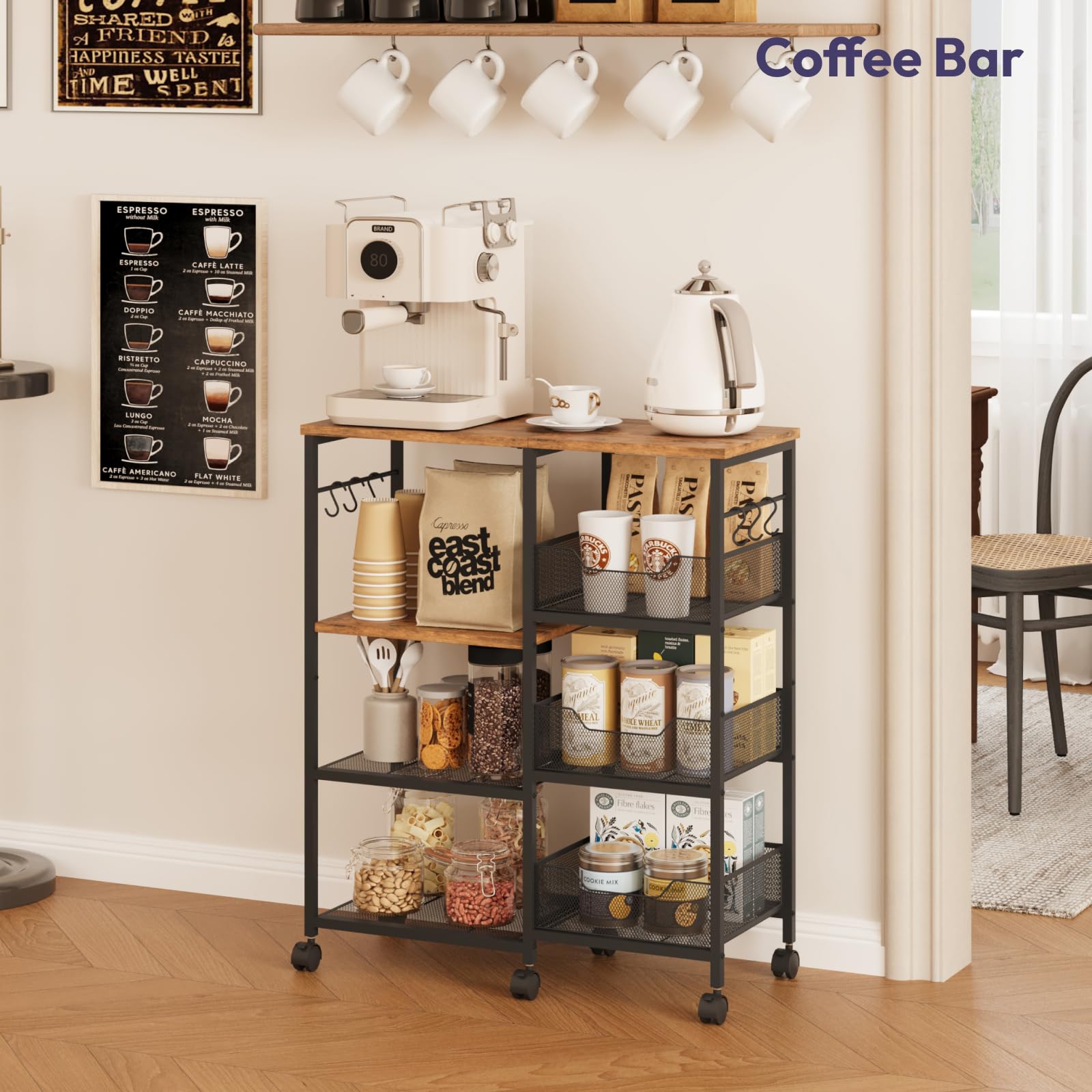SWTYMIKI kitchen island with metal mesh shelves for organized storage