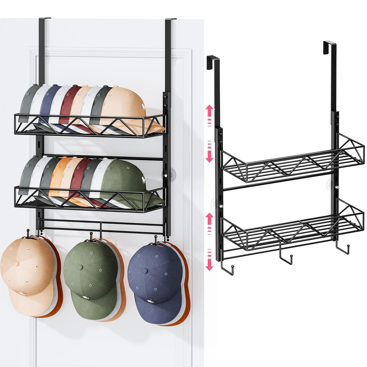 SWTYMIKI over door hat organizer with three tiers for tidy hat storage.