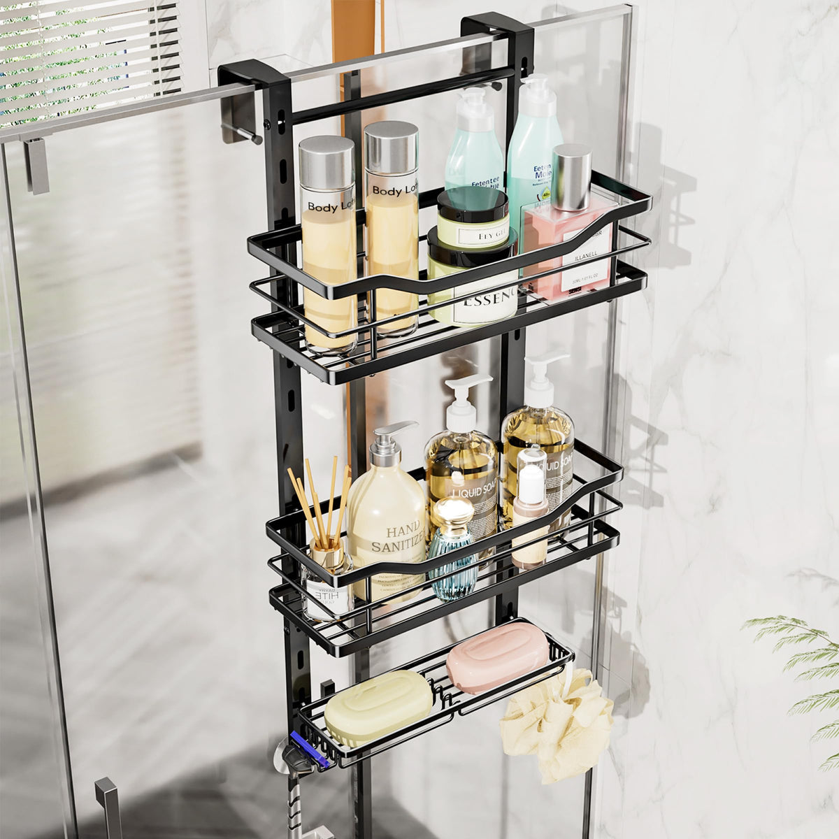 SWTYMIKI over-the-door shower caddy mounted on a bathroom door for quick access.