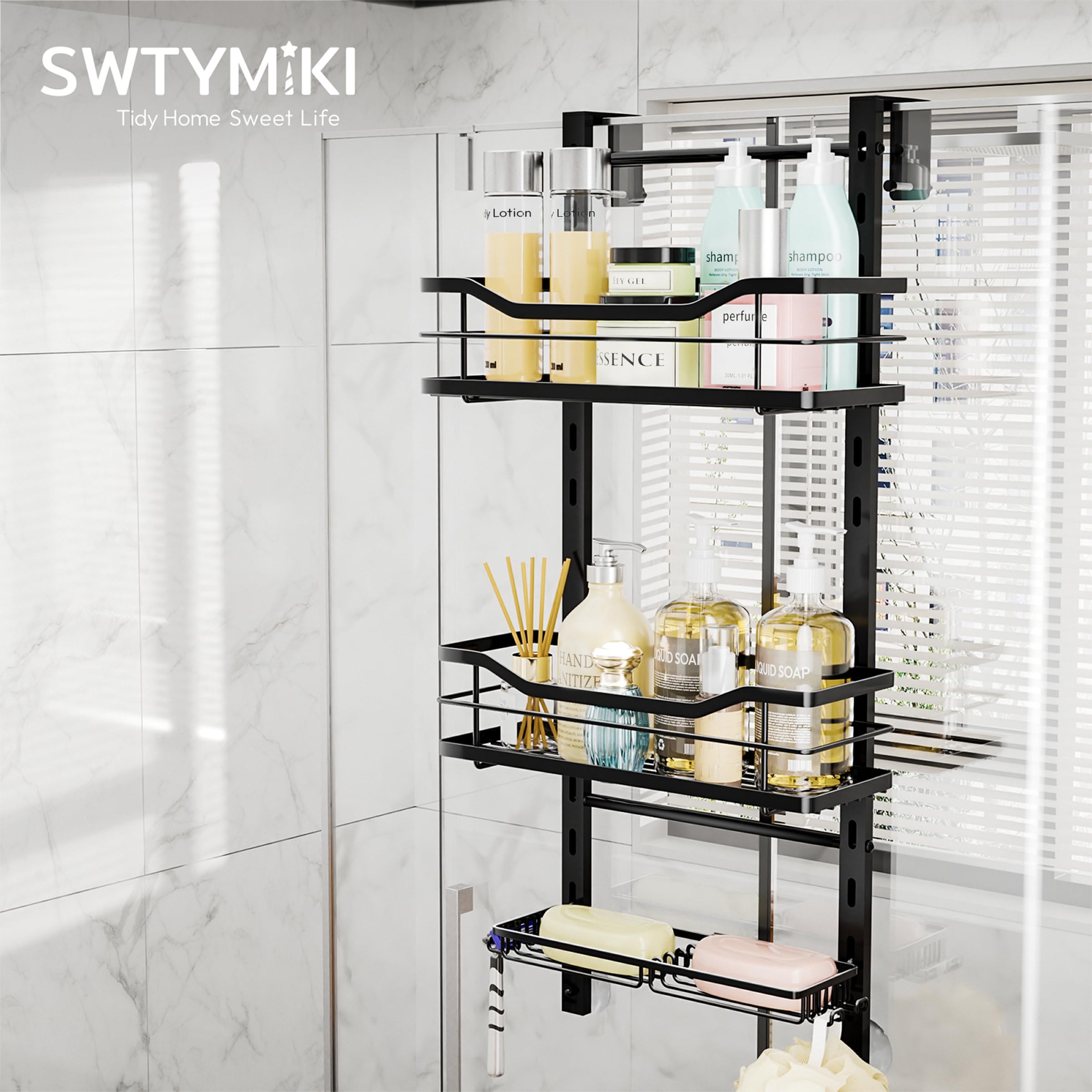 SWTYMIKI three-tier adjustable baskets organize shower essentials like shampoo and body wash.