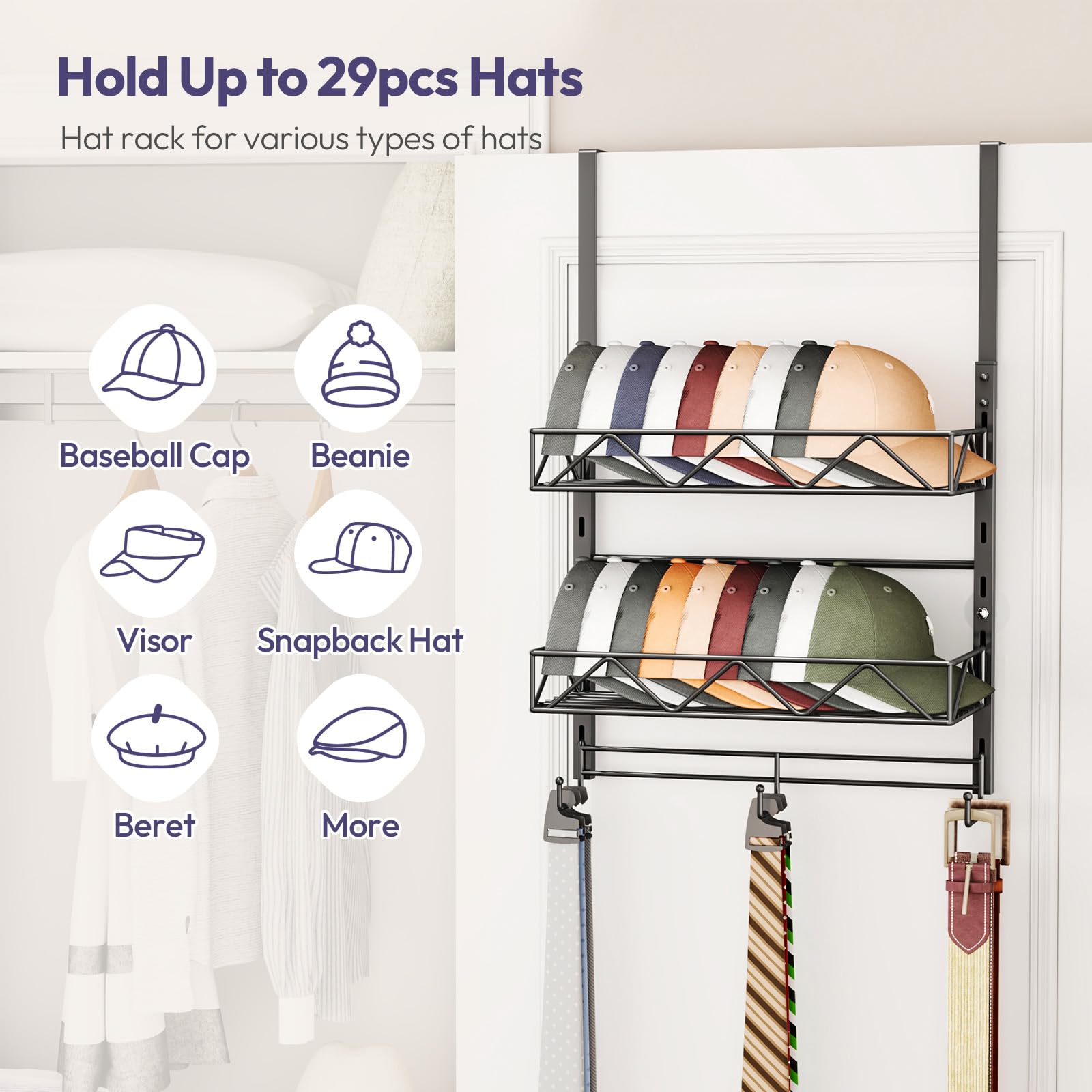 SWTYMIKI wall hat rack with built-in hooks keeps entryway essentials organized.