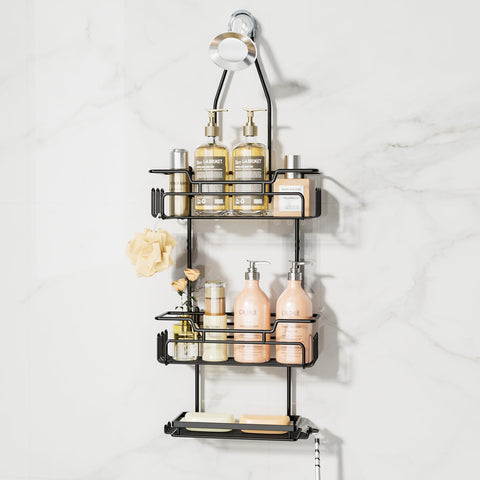 SWTYMIKI 3-tier over-shower-head caddy for organized shampoos and conditioners.