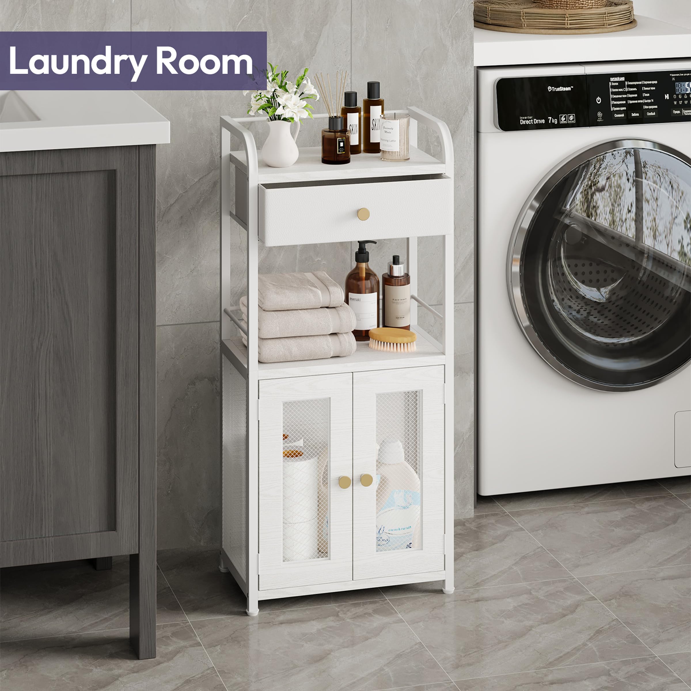 SWYTMIKI bottom cabinet stores towels and larger toiletries neatly