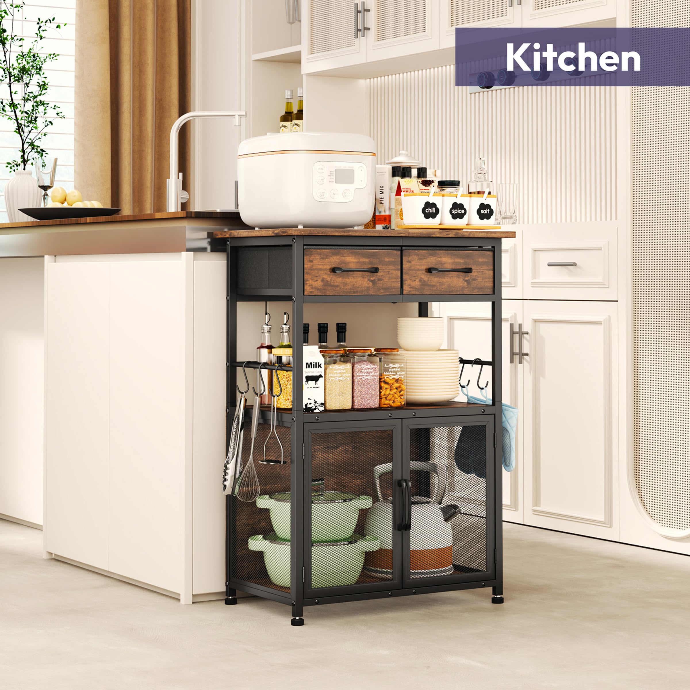 SWTYMIKI coffee bar cabinet countertop shows spacious 13.78-inch depth for appliances.