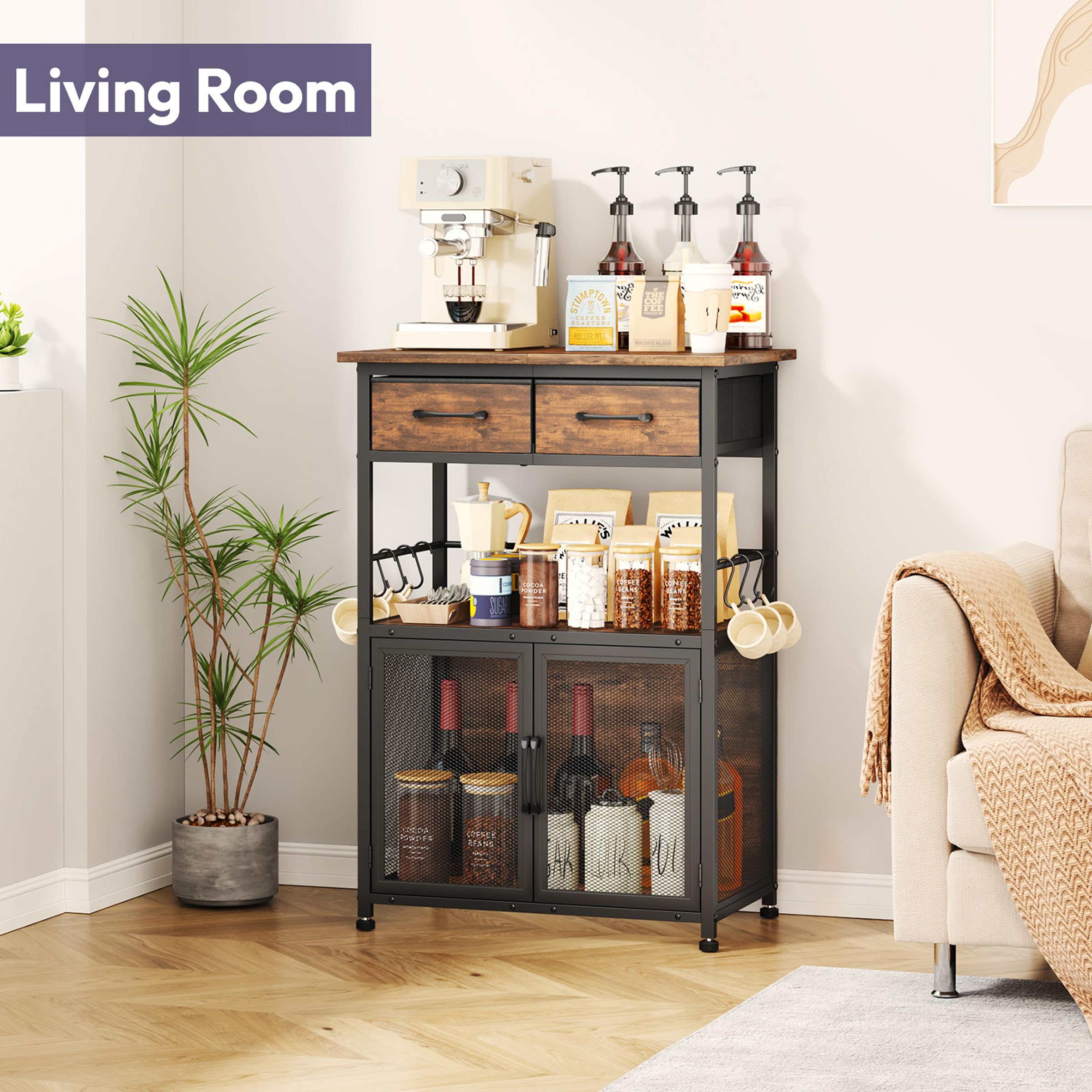 SWTYMIKI coffee bar cabinet hooks organize mugs and towels for easy access.