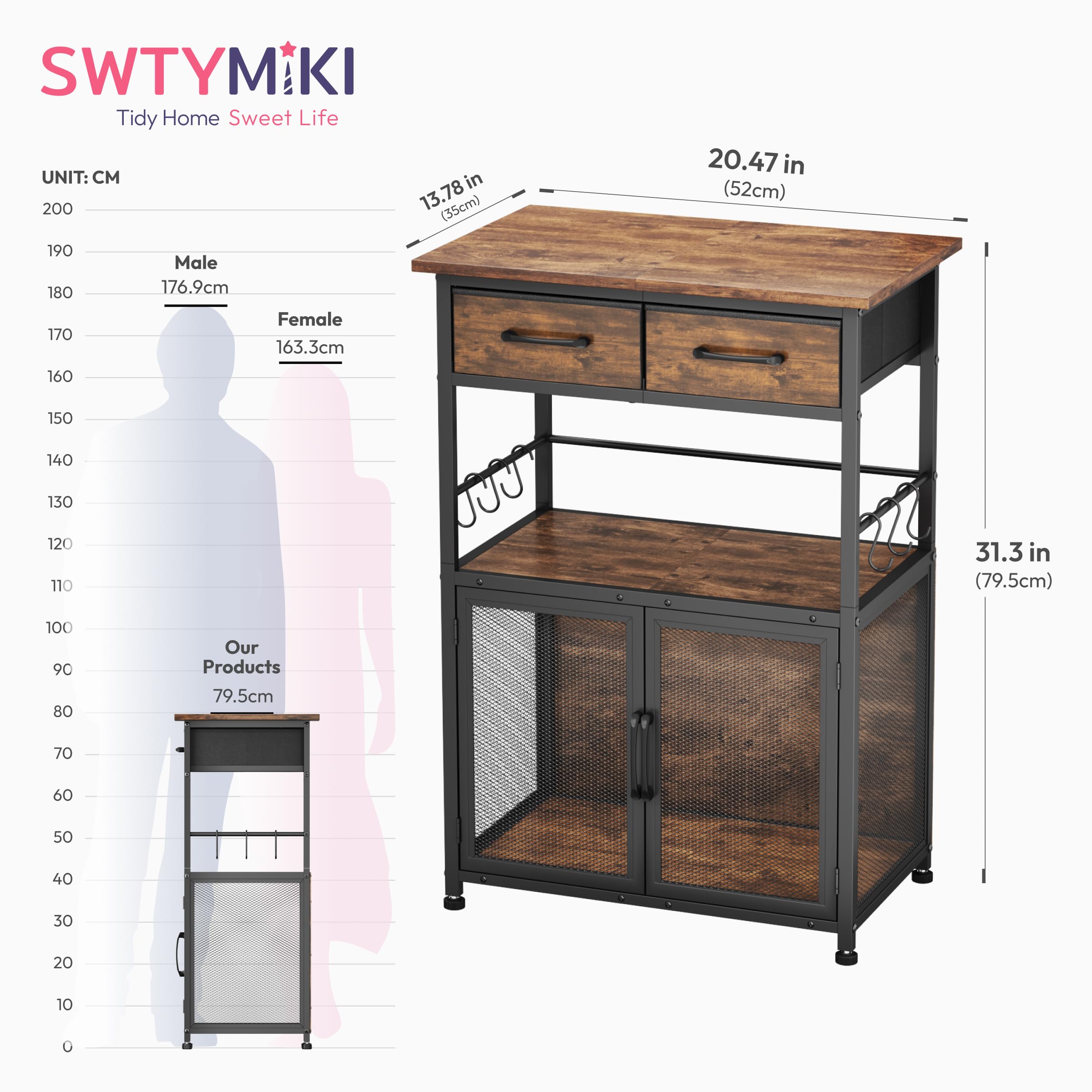 SWTYMIKI coffee bar cabinet rustic-metal-detail adds industrial charm.