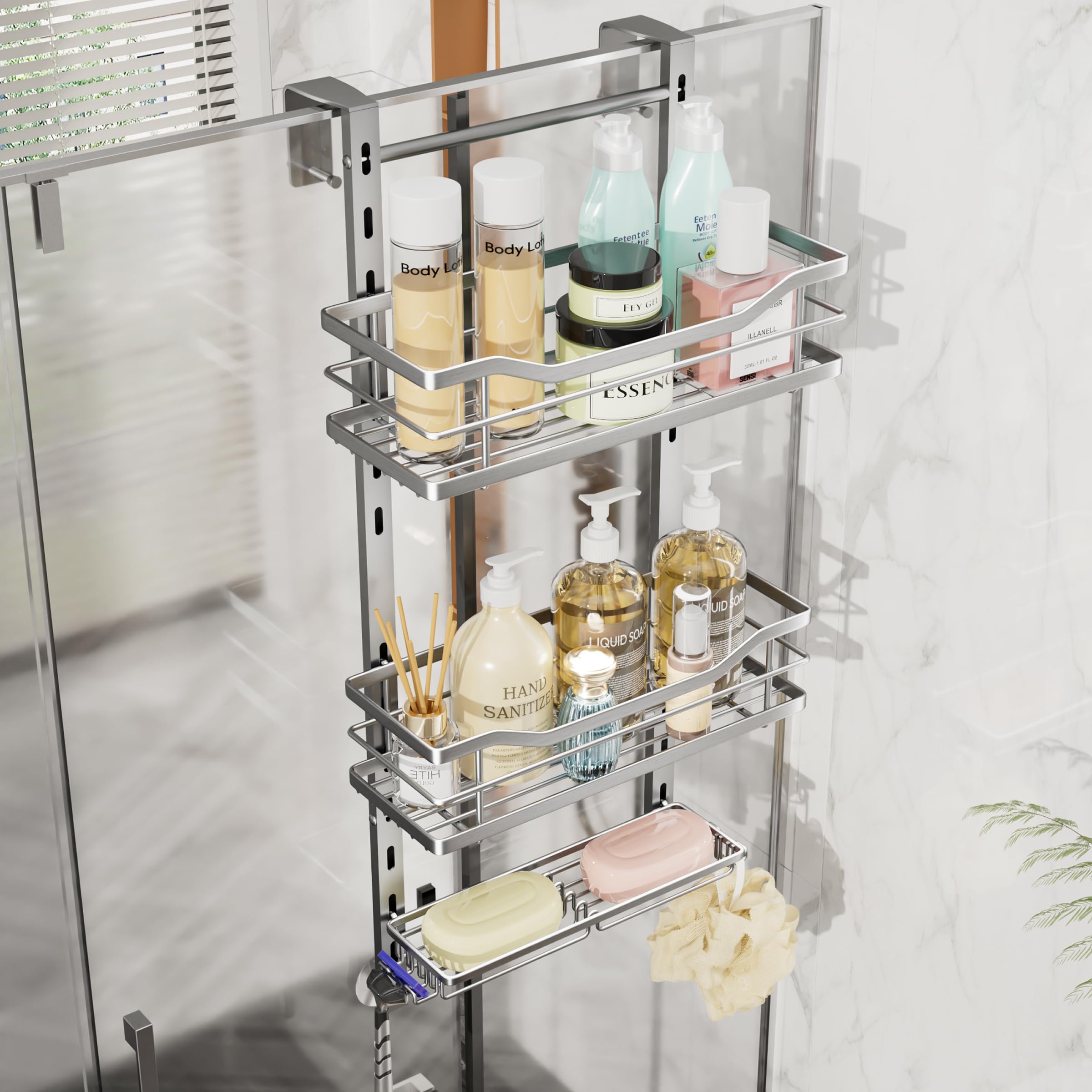 SWTYMIKI over-the-door shower caddy, 3-tier, keeps tall bottles within easy reach.