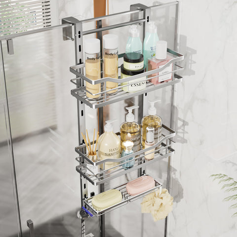 SWTYMIKI over-the-door shower caddy, 3-tier, keeps tall bottles within easy reach.