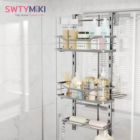 SWTYMIKI 3-tier rack over door organizes soap and razors efficiently.