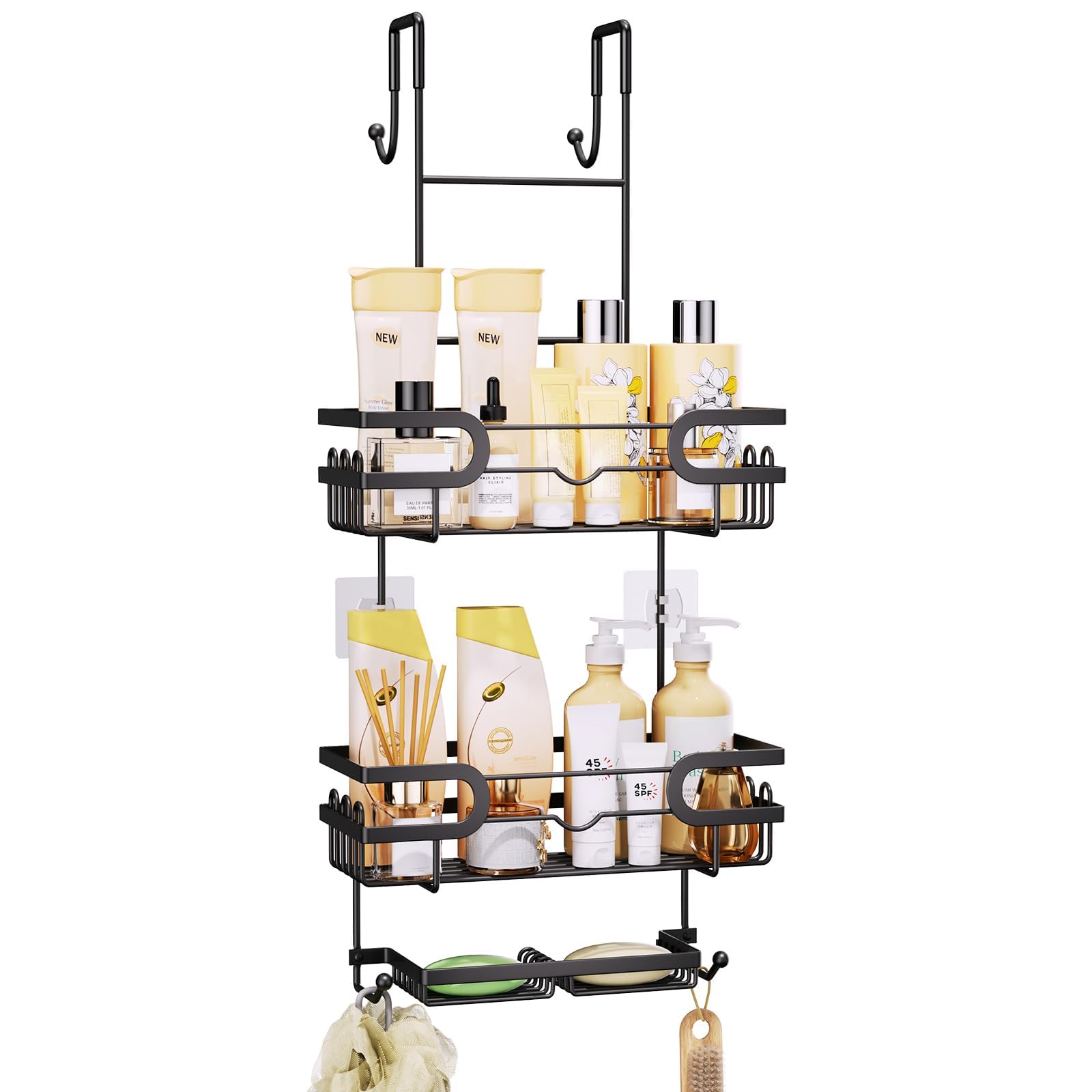 SWTYMIKI over-door shower caddy with three baskets keeps shampoo organized and accessible.