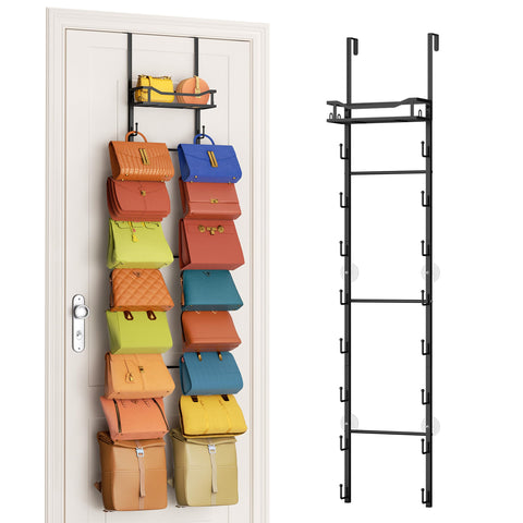SWTYMIKI over-the-door purse organizer with 16 hooks and metal basket for organized storage
