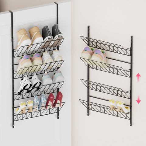 SWTYMIKI over-the-door organizer, front view, four tiers for flats, heels, and sneakers.