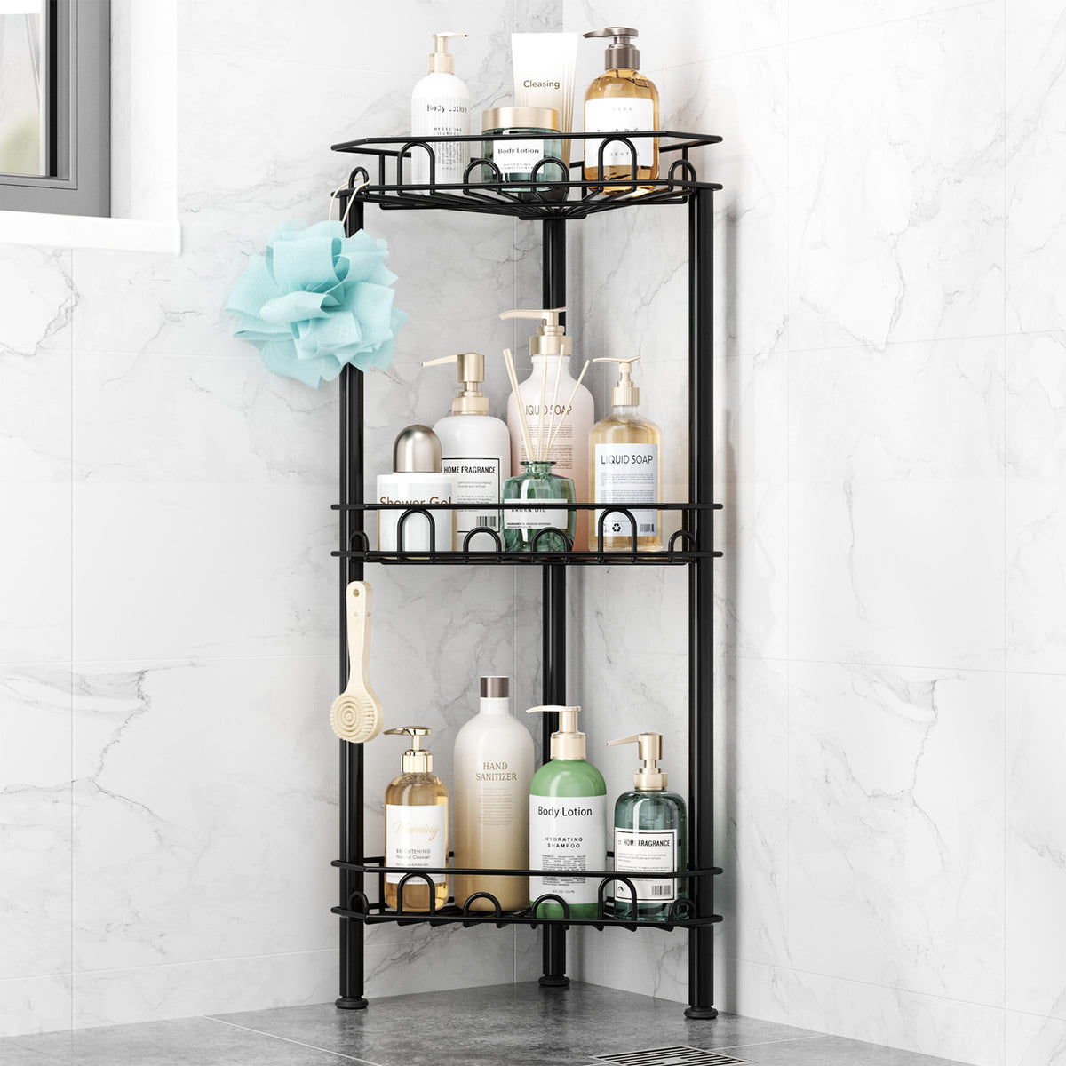 SWTYMIKI standing corner caddy full view for organized bathroom storage