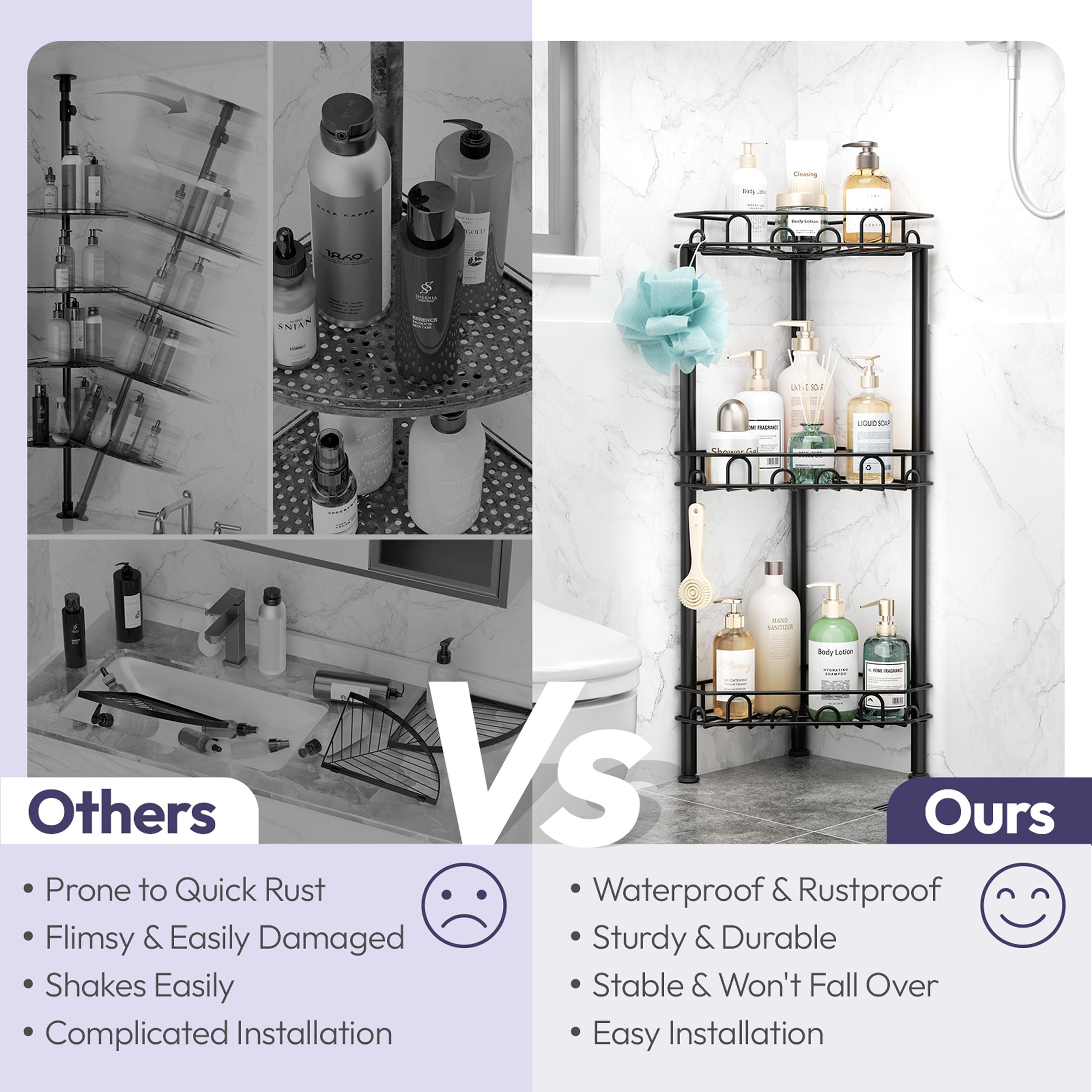 SWTYMIKI three-tier shelves with spacious shampoo bottles and body wash