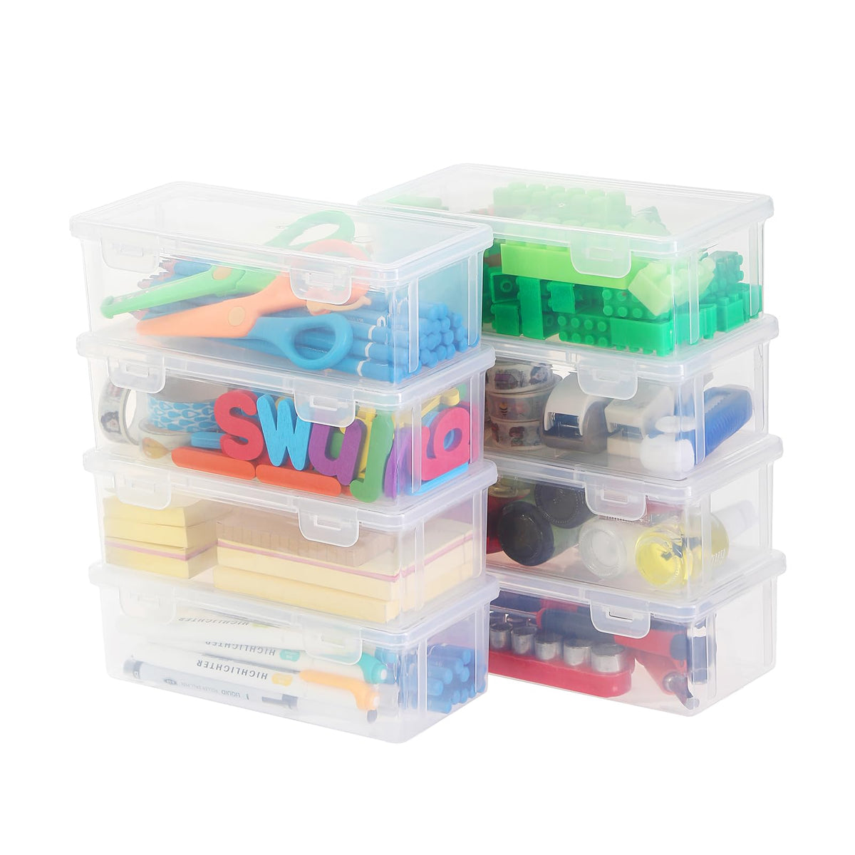 Swuj clear 8-pack pencil boxes stacked for quick access and easy organization