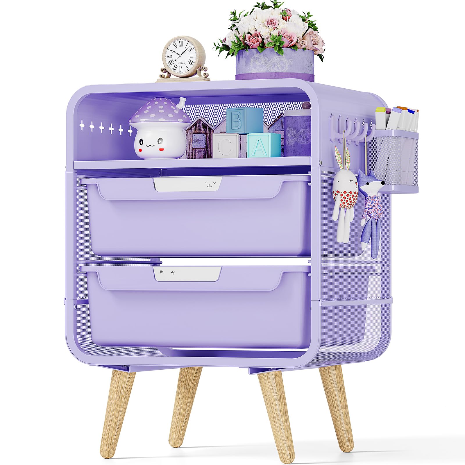 SYKIARIOL Kids Nightstand with two drawers and a storage basket for easy organization