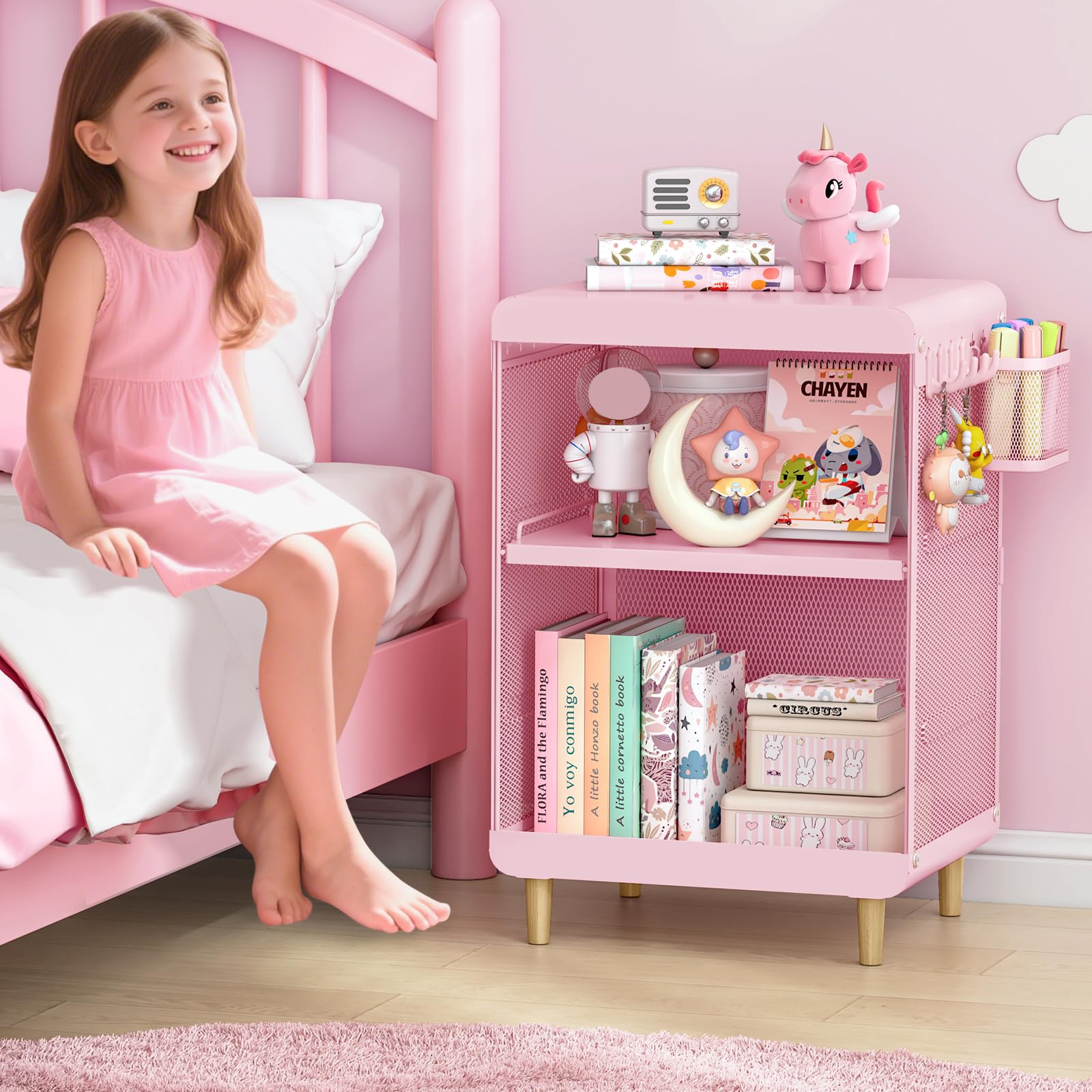 SYKIARIOL Kids Nightstand with pink storage hooks keeps bedtime essentials organized