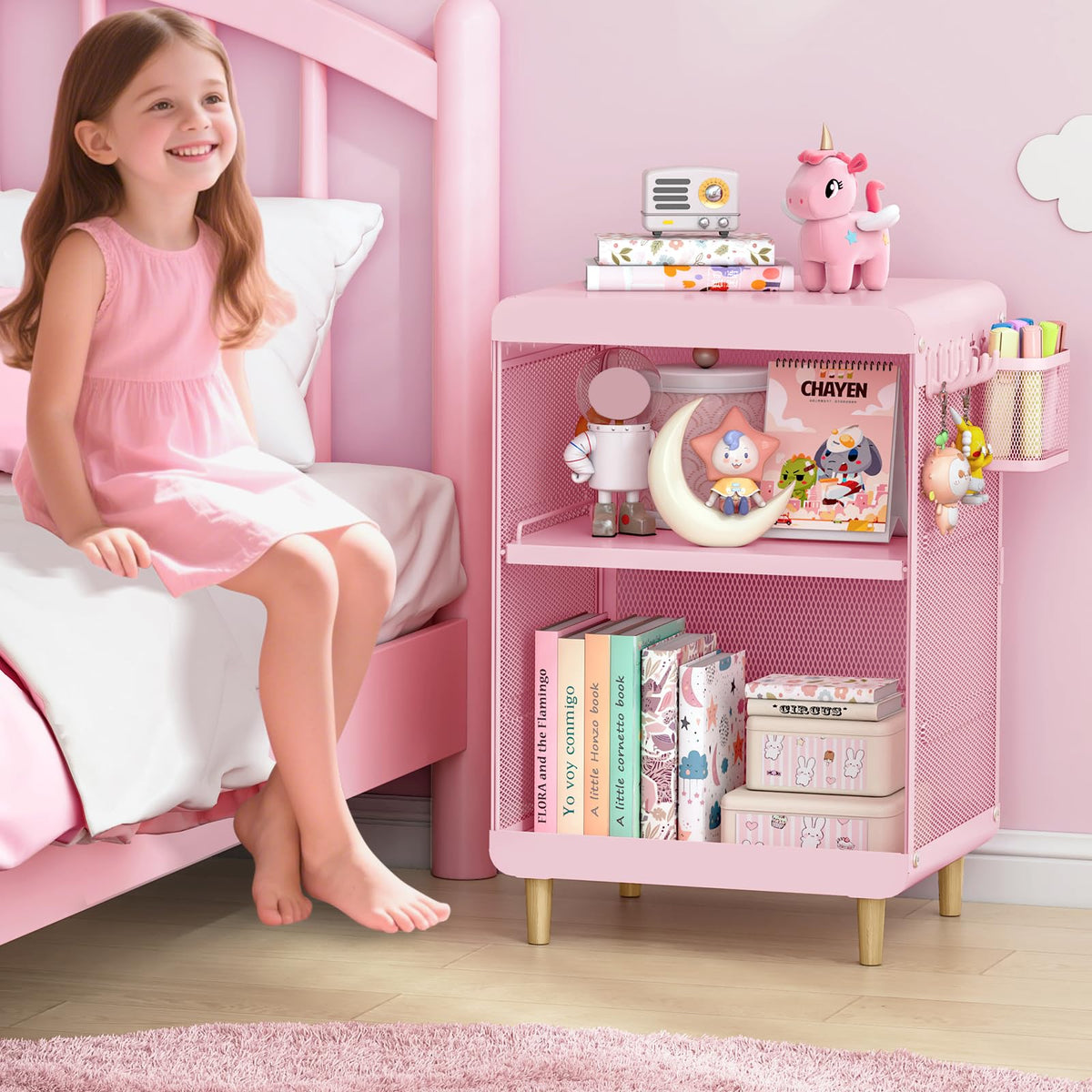 SYKIARIOL Kids Nightstand with pink storage hooks keeps bedtime essentials organized