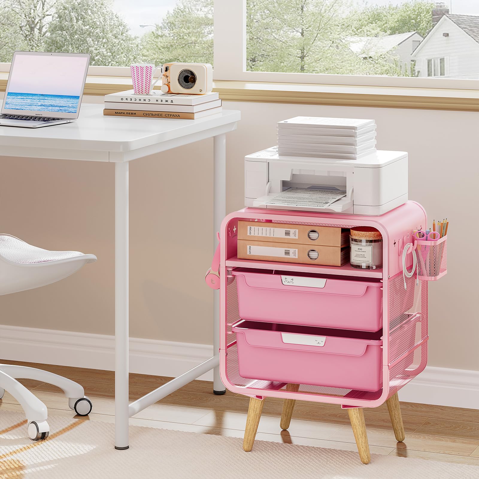 SYKIARIOL pink nightstand in a cozy bedroom setup for versatile space