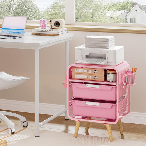 SYKIARIOL pink nightstand in a cozy bedroom setup for versatile space