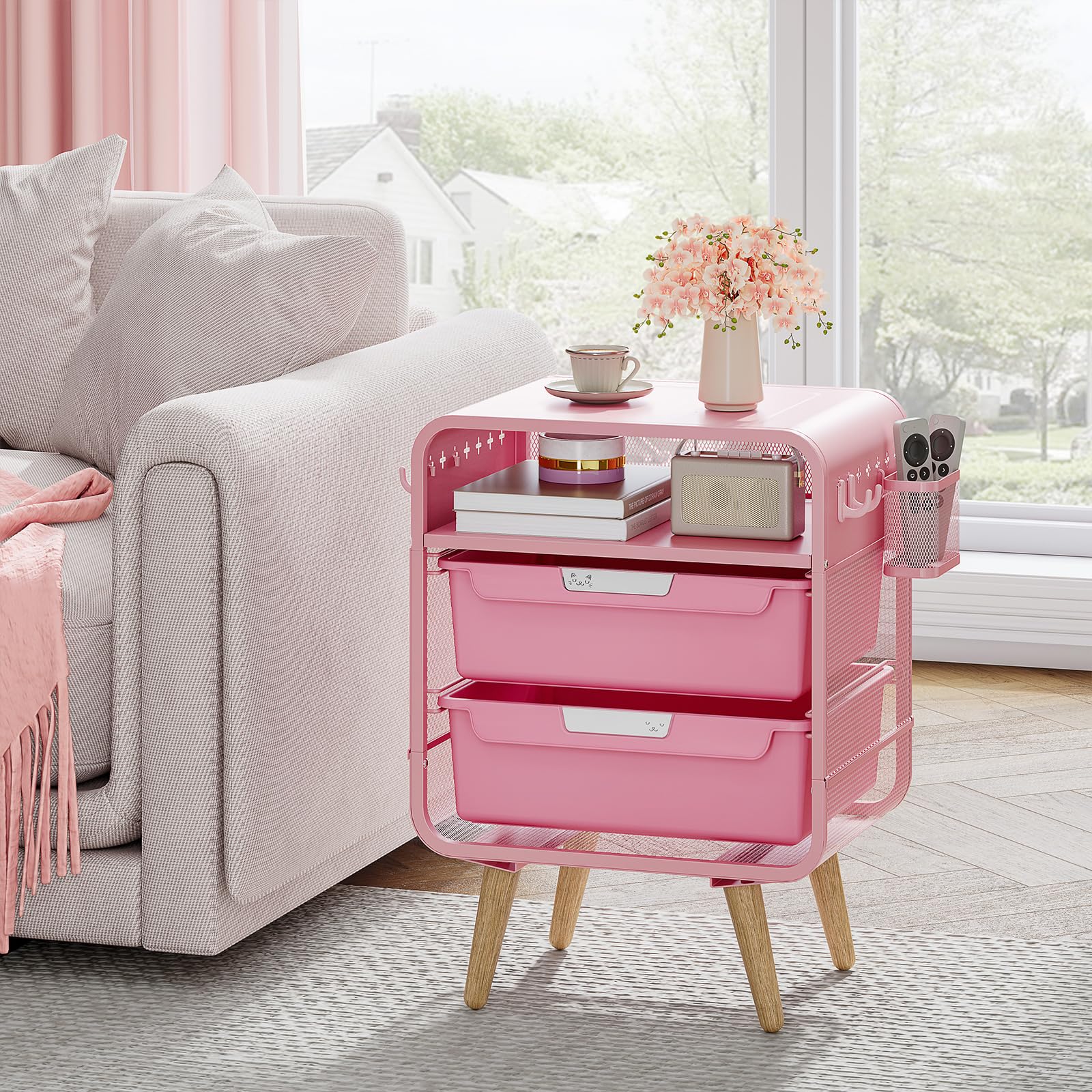 SYKIARIOL pink nightstand drawers open showing smooth slides and ergonomic handles