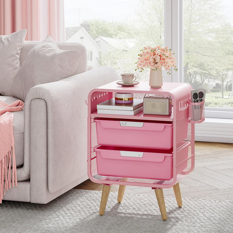 SYKIARIOL pink nightstand drawers open showing smooth slides and ergonomic handles