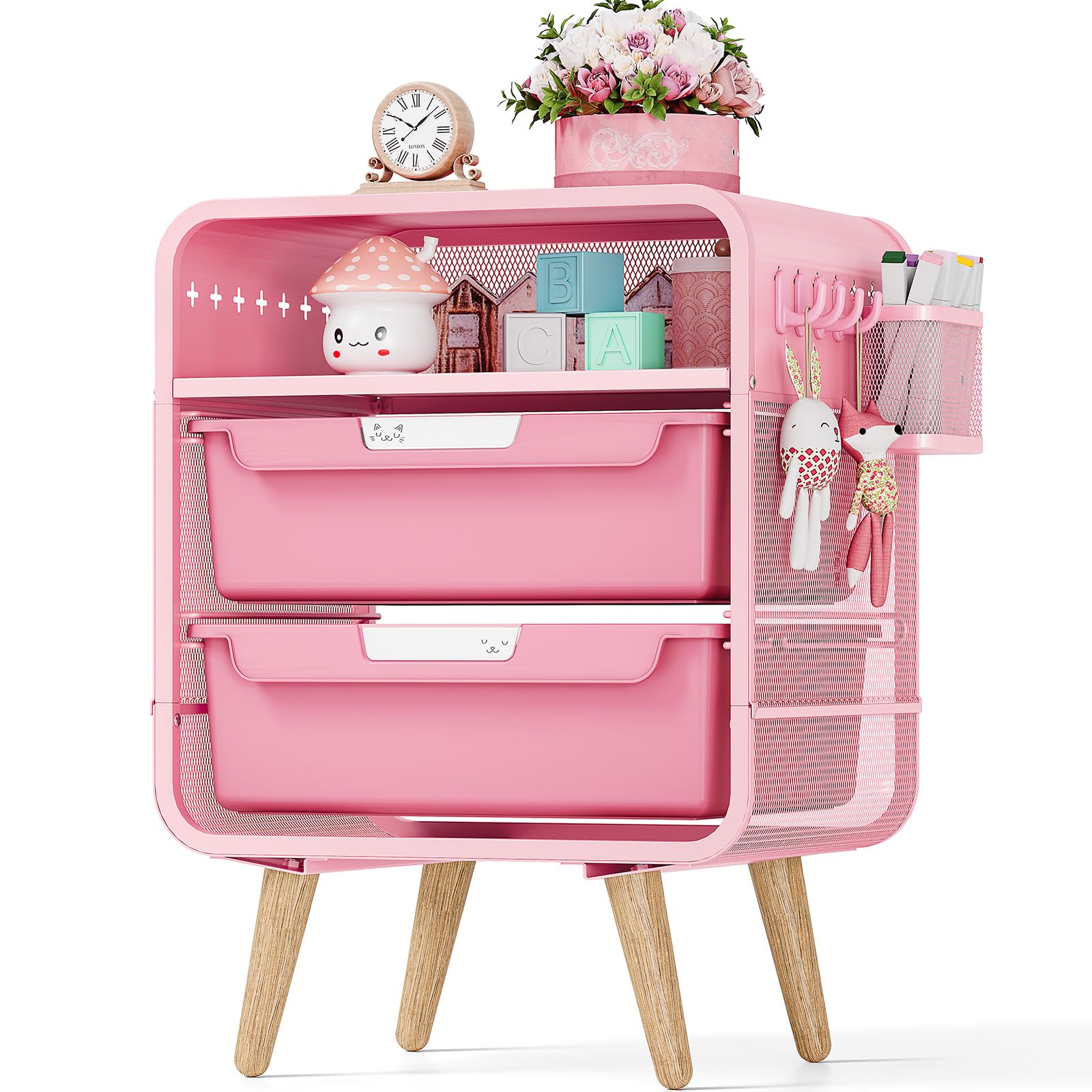 SYKIARIOL pink nightstand front view with two drawers for organized bedside storage