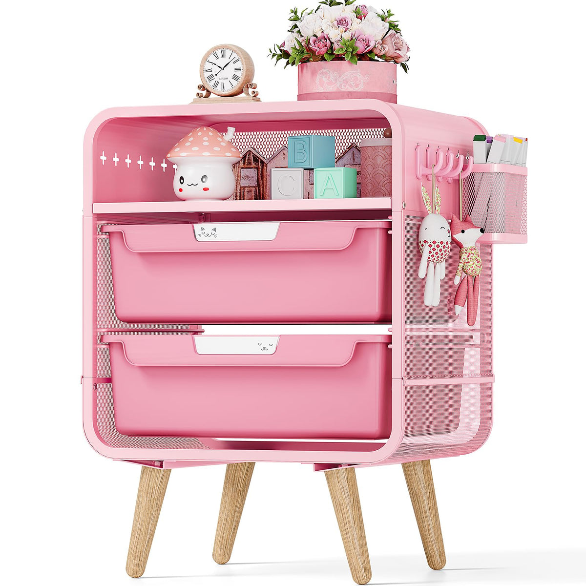 SYKIARIOL pink nightstand front view with two drawers for organized bedside storage