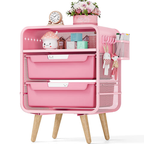 SYKIARIOL pink nightstand front view with two drawers for organized bedside storage