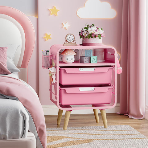 SYKIARIOL pink nightstand showing side storage basket for quick-access essentials