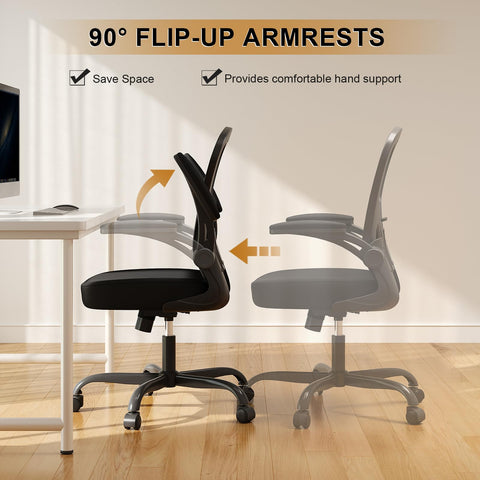 Synorla chair with flip-up arms enables easy under desk storage and room saving.