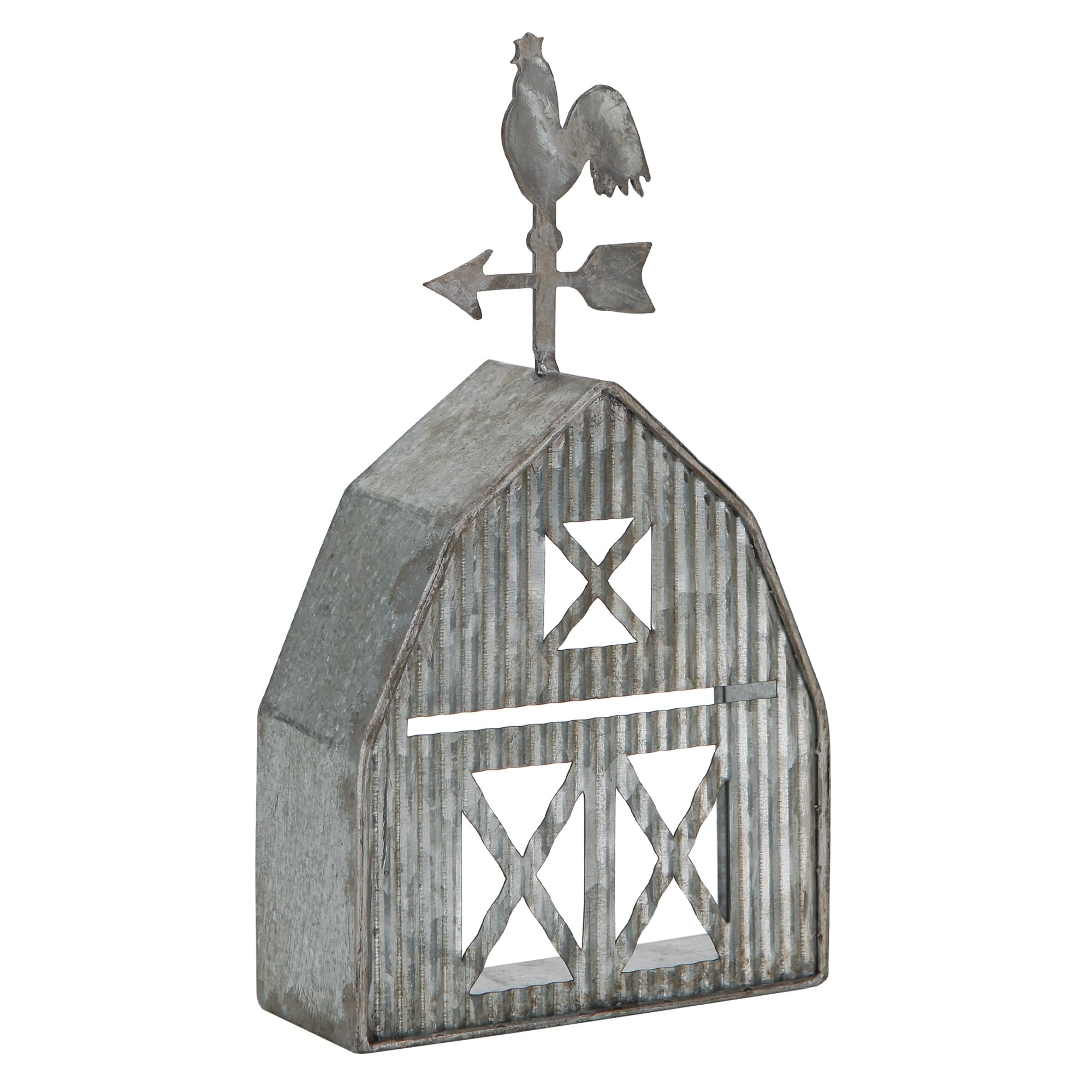 Synovana barn-shaped tea light holder with weathered galvanized finish for cozy table decor.