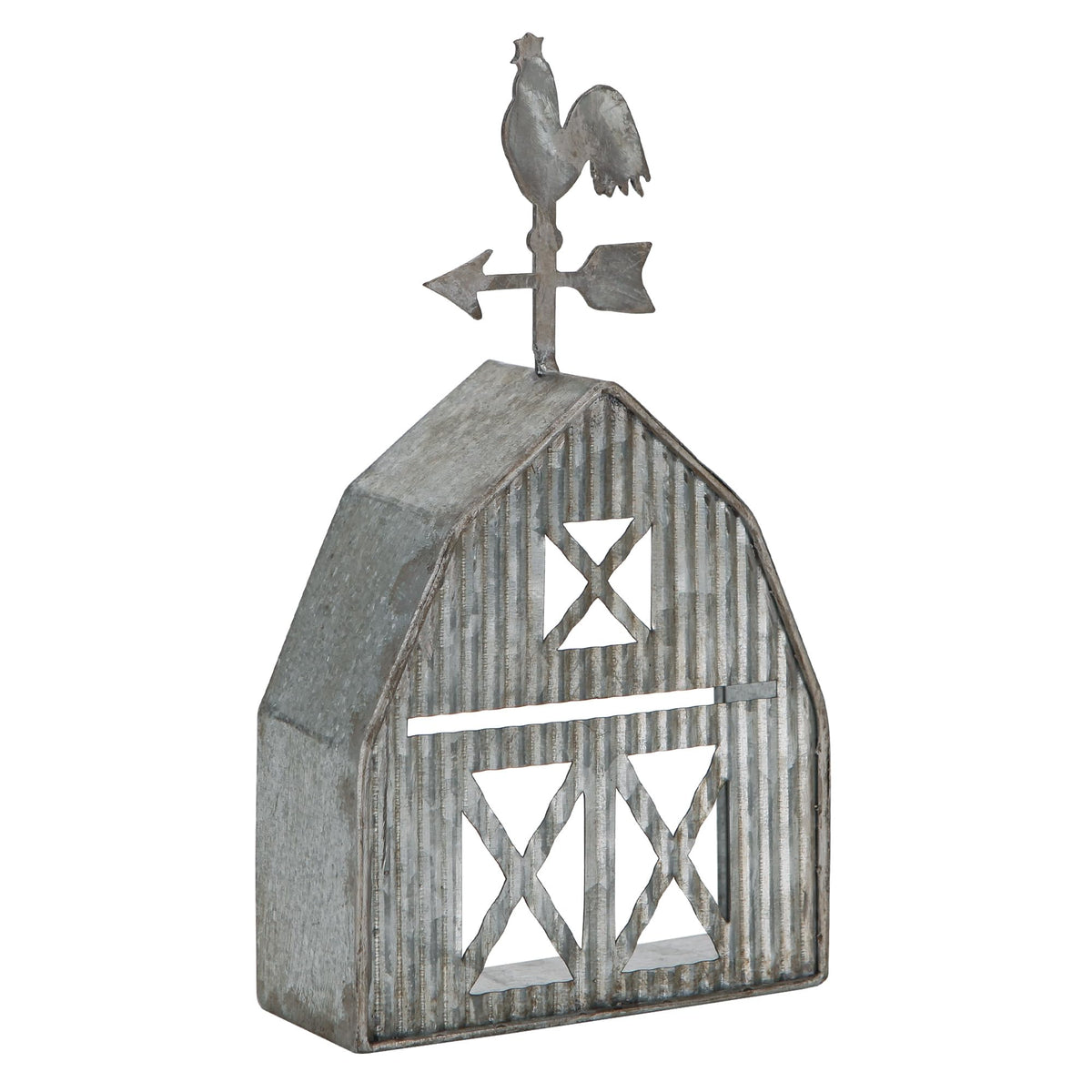 Synovana barn-shaped tea light holder with weathered galvanized finish for cozy table decor.