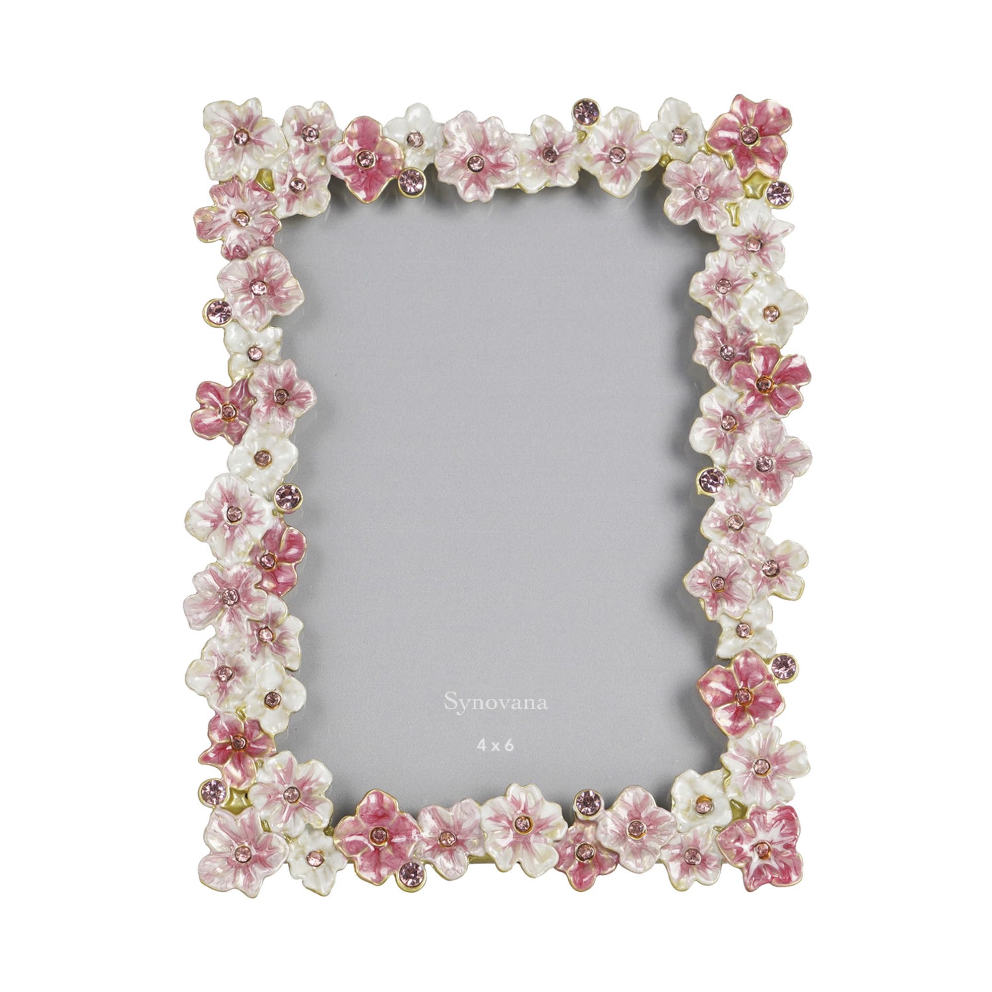Synovana pink flower frame front view highlights a graceful 4x6 display for tabletop use.