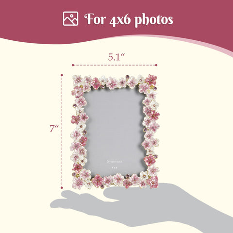 Synovana pink flower frame ornate floral design adds romantic charm to any dresser or shelf.