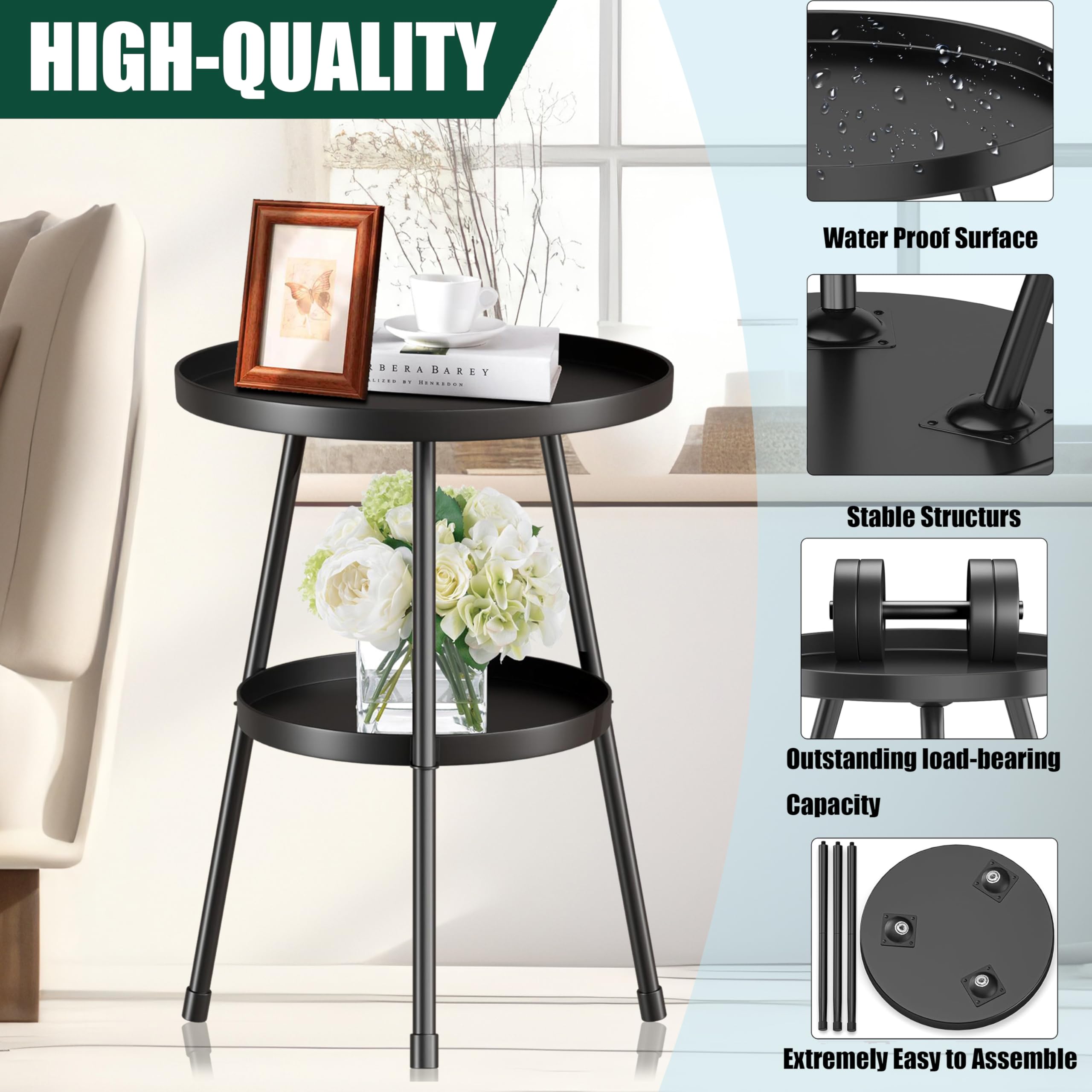 SYQ round table used as a drink surface beside a sofa or chair.