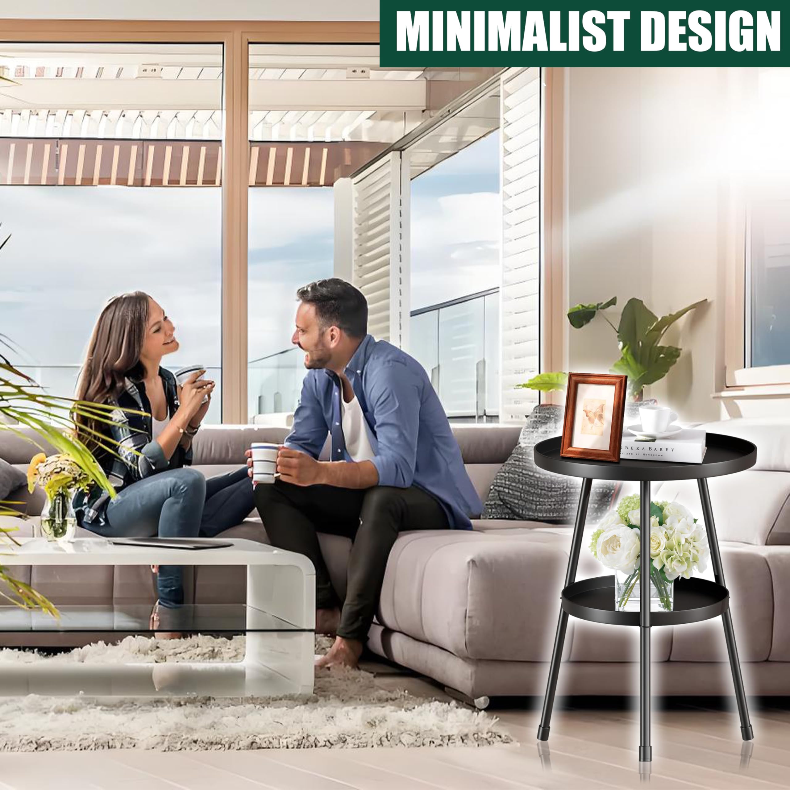 SYQ round metal side table with mid-century silhouette adding elegant, space-saving charm.
