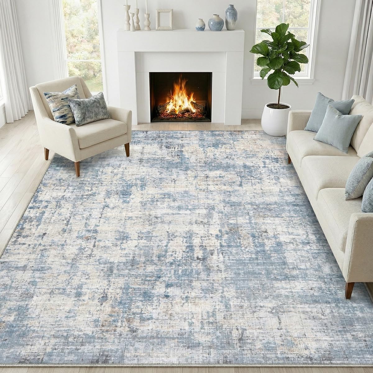 Syrlfar 8x10 blue abstract area rug for living rooms, plush comfort underfoot.