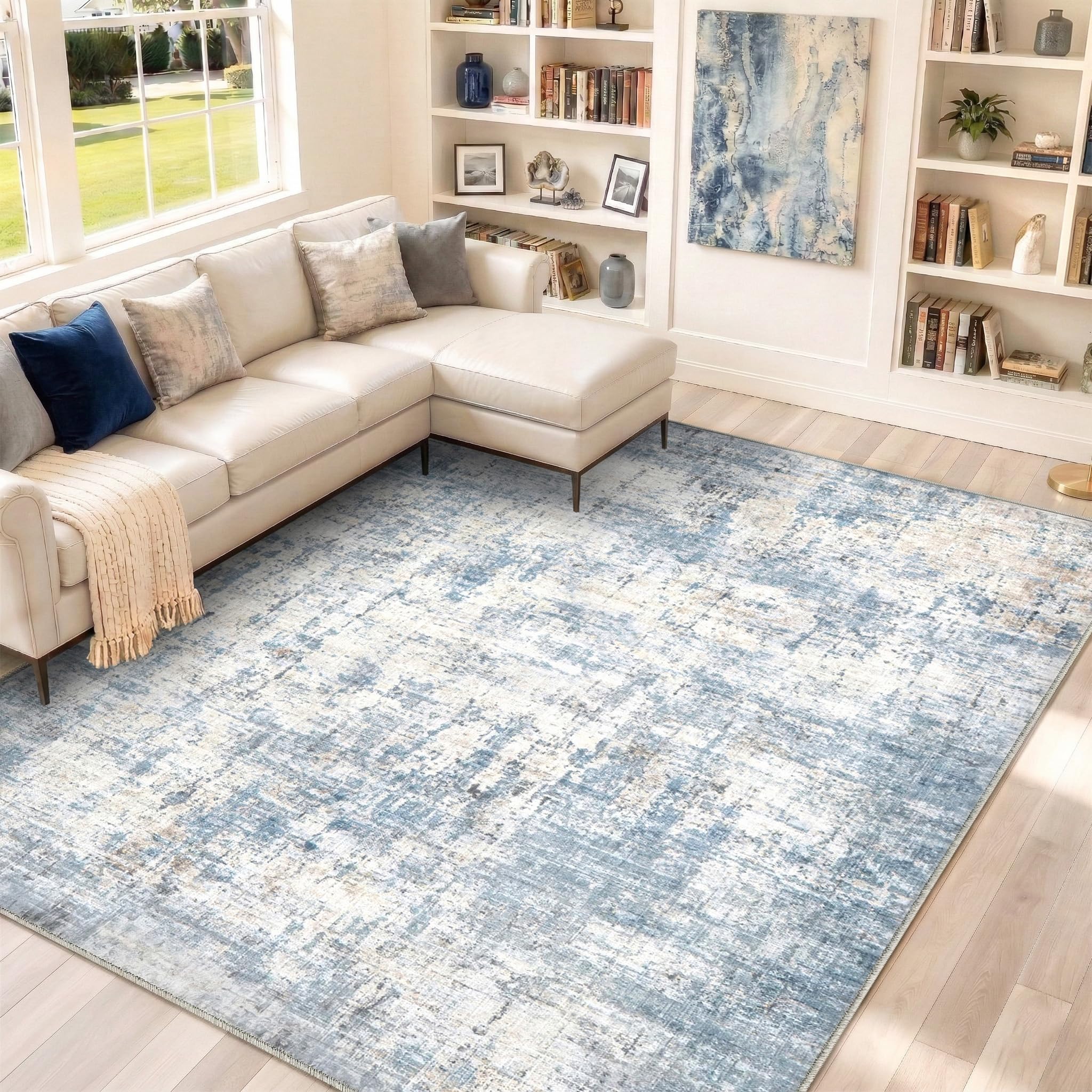 Syrlfar blue rug with non-slip backing for safer play in high-traffic areas.