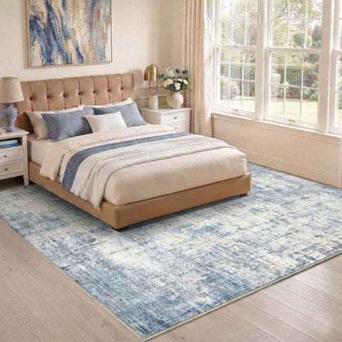 Syrlfar low-pile blue abstract rug, ideal for modern decor and simple vacuuming.