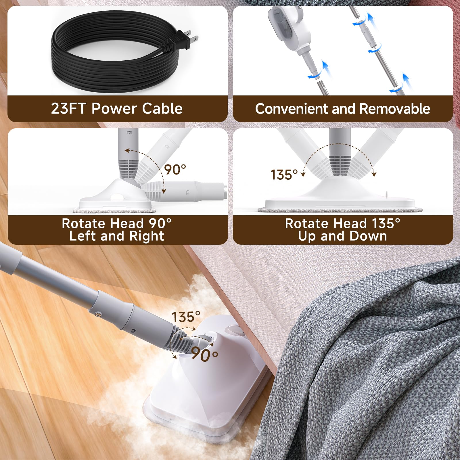 SYUDTY steam mop 23ft cord enables easy room-to-room cleaning.