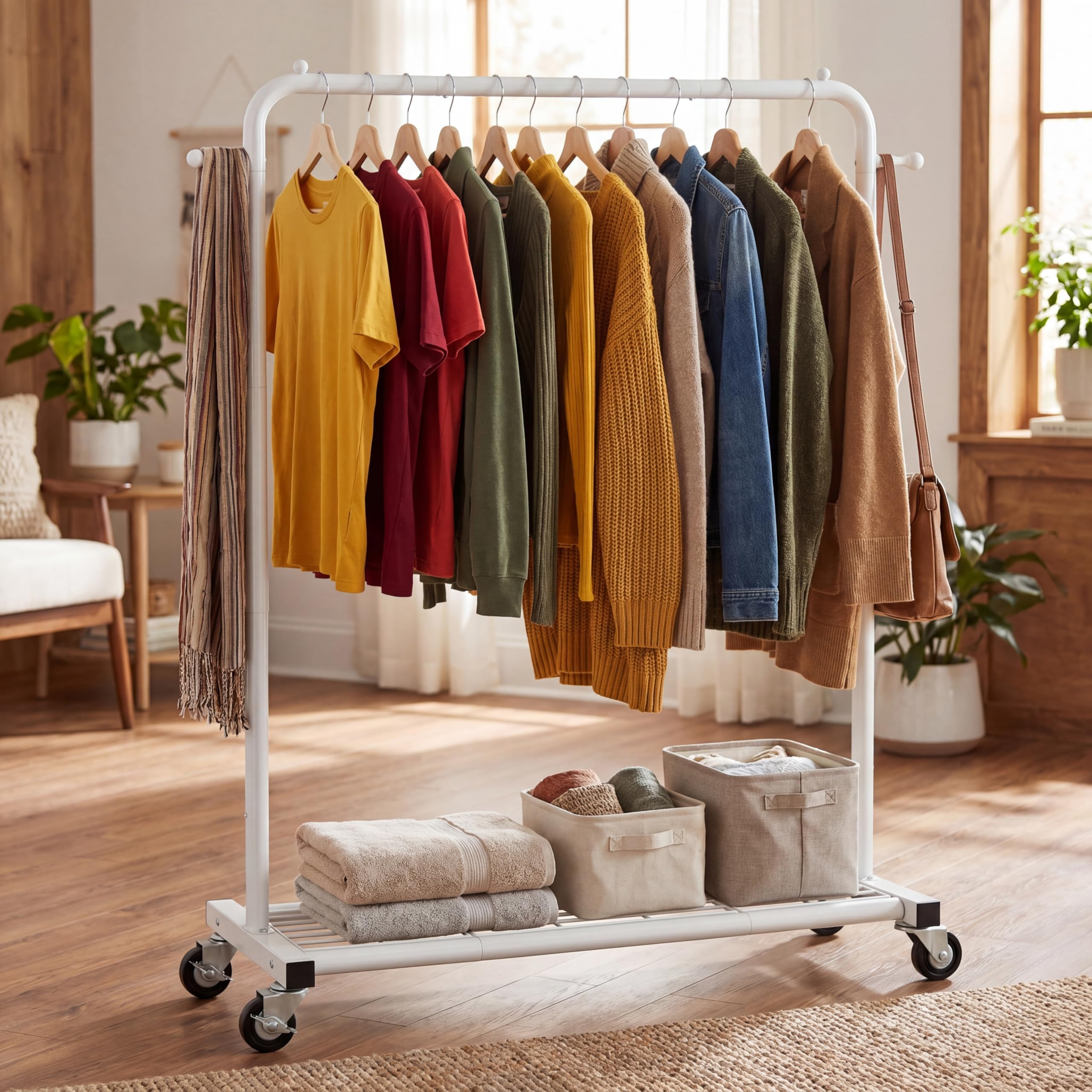 Sywhitta clothing rack with mesh storage shelf for shoes and boxes.