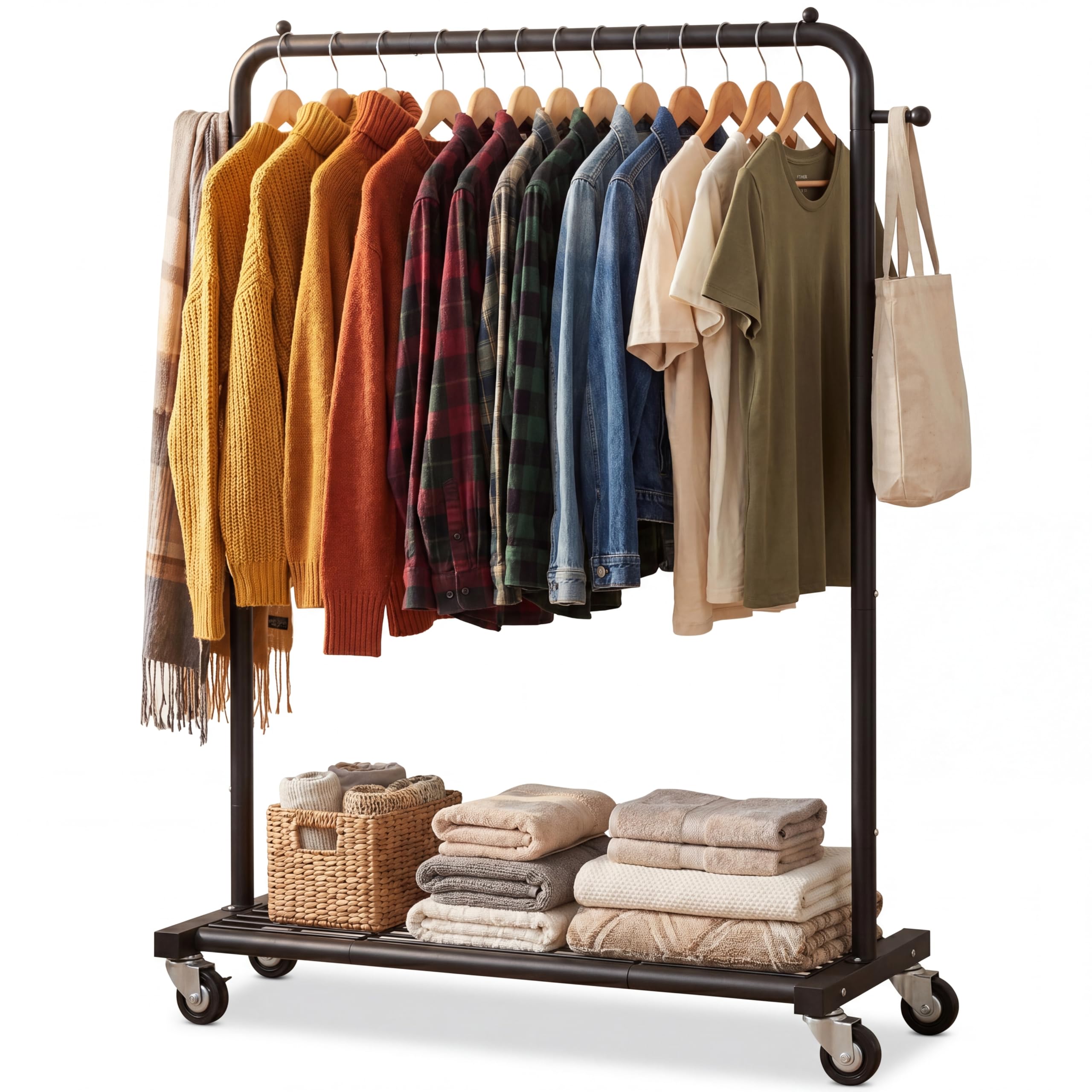 Sywhitta clothing rack on wheels with mesh shelf for organized wardrobe space