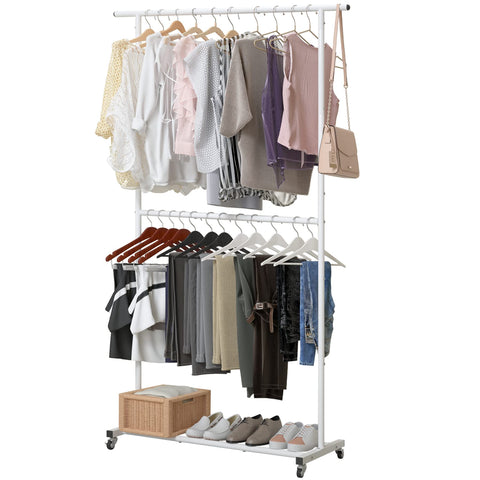 Sywhitta Double Rod Clothing Rack front view with sturdy frame for organized wardrobe.