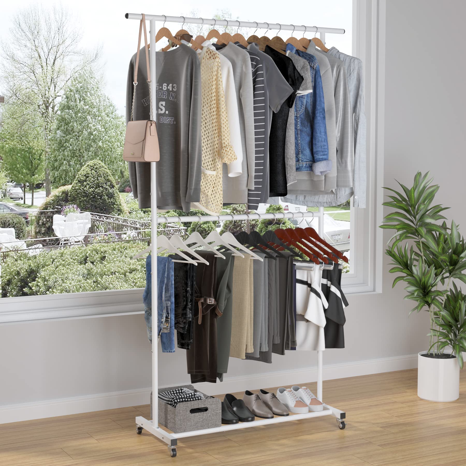 Sywhitta Double Rod Clothing Rack side view highlighting adjustable height for flexible storage.