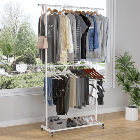 Sywhitta Double Rod Clothing Rack side view highlighting adjustable height for flexible storage.