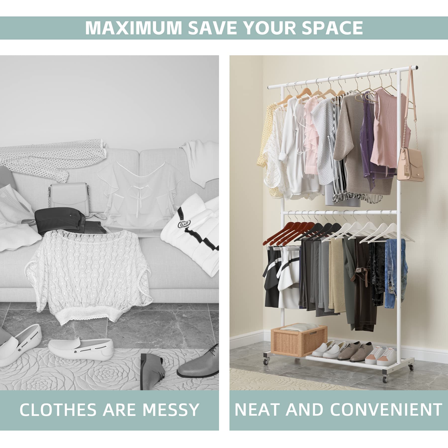 Sywhitta Double Rod Clothing Rack in a bright white room setup.