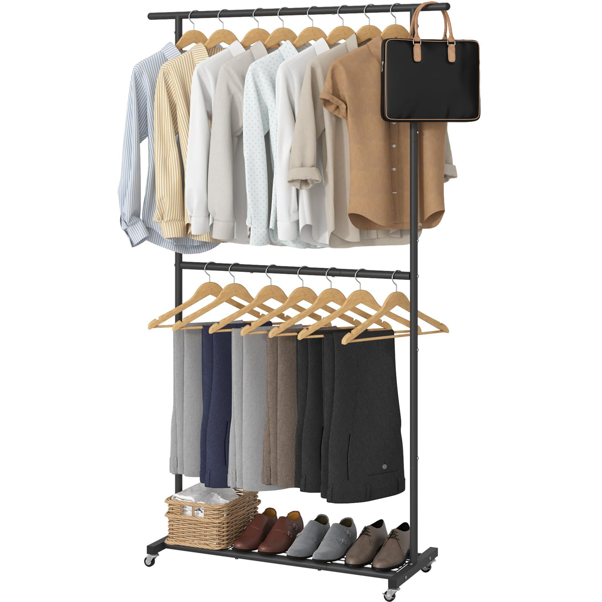 Sywhitta double rod garment rack with rolling wheels for easy transport.