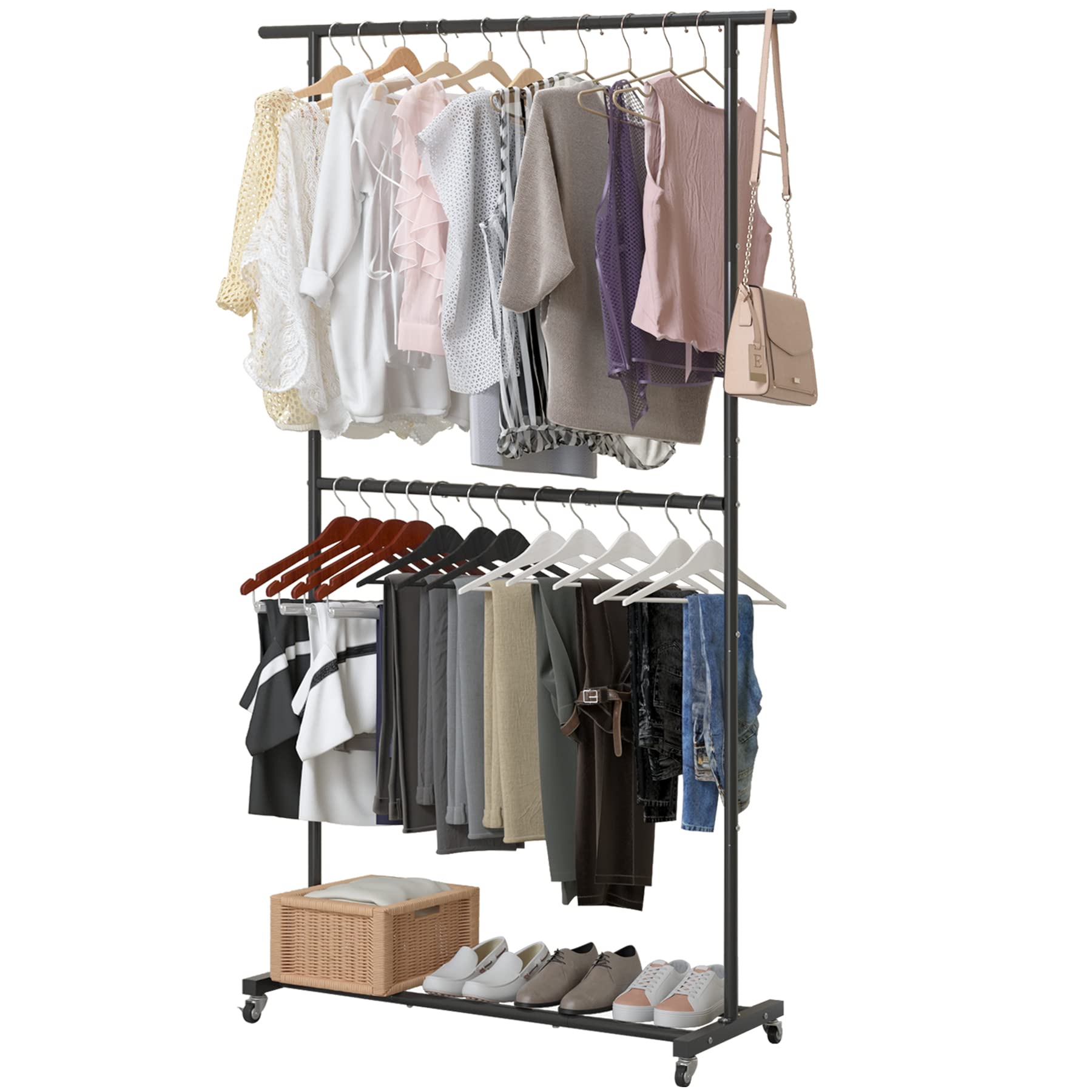 Sywhitta double rod garment rack top drying area for coats and dresses