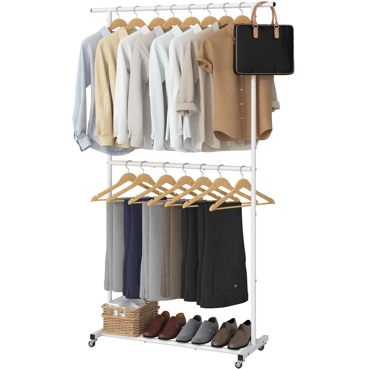 Sywhitta double rod garment rack with wheels for easy room organization